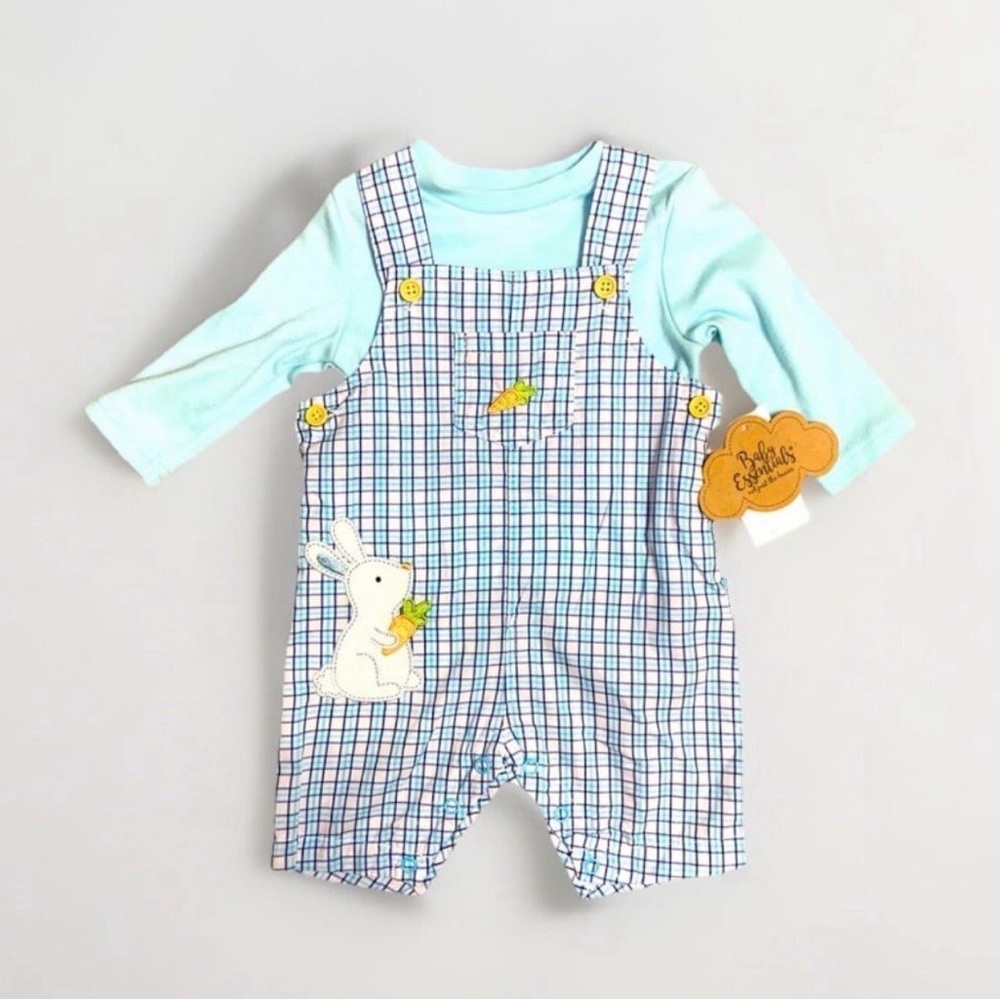 Baby Essentials Easter outfit blue plaid bunny rabbit Shortalls set boys 3 month